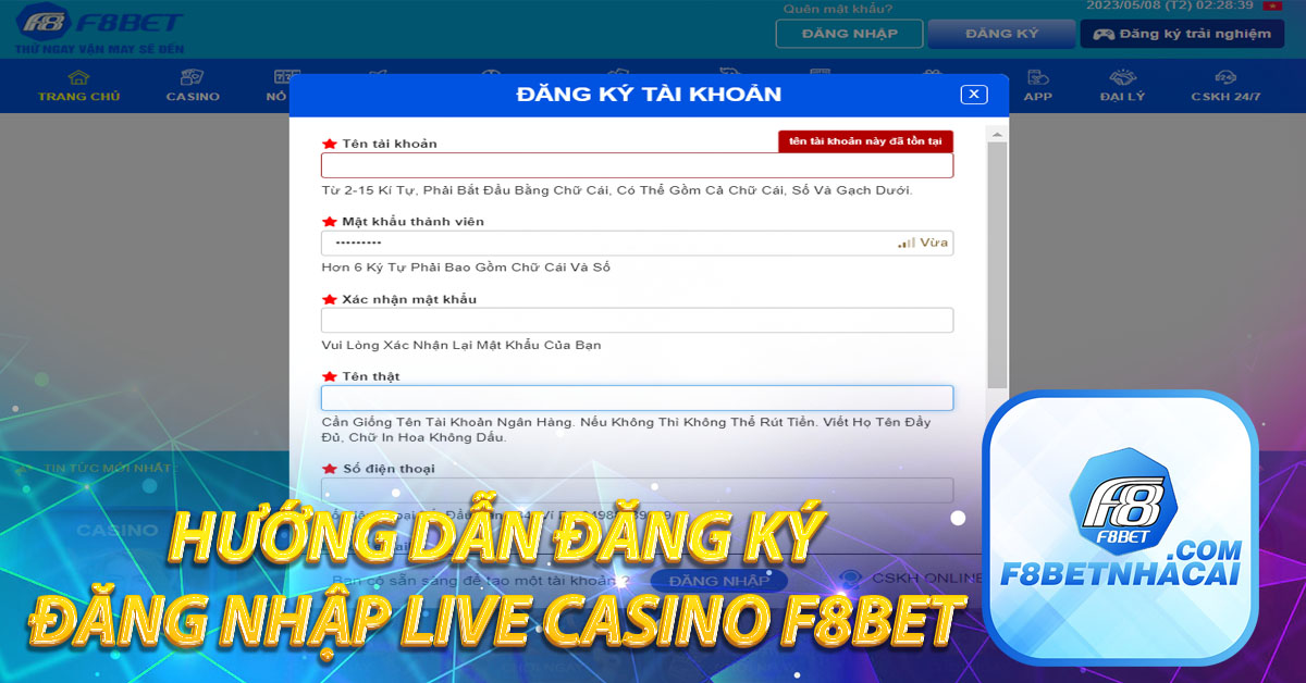 Hướng dẫn đăng ký đăng nhập Live Casino F8BET 